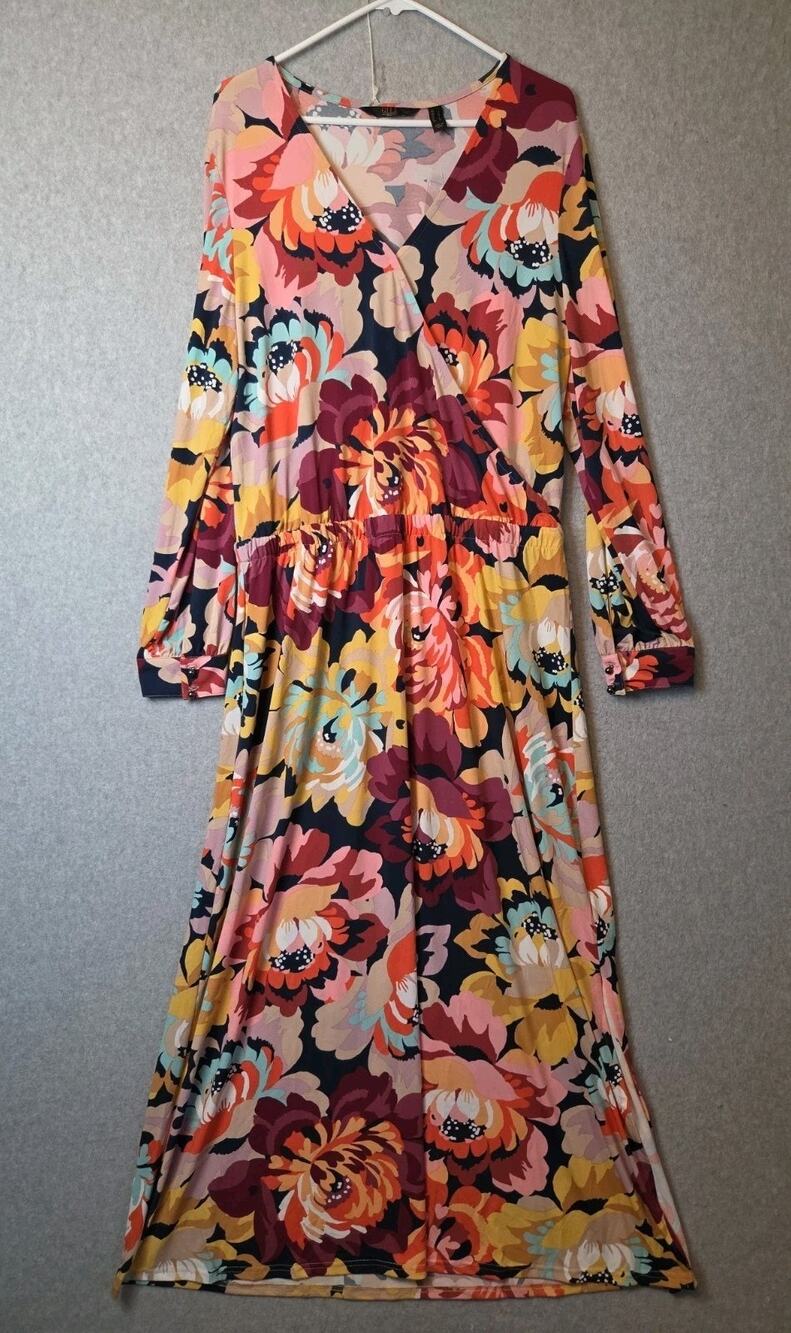 GILI Multicolor Floral LS Jetsetter Elastic Waist Maxi Dress Women Lrg Stretch